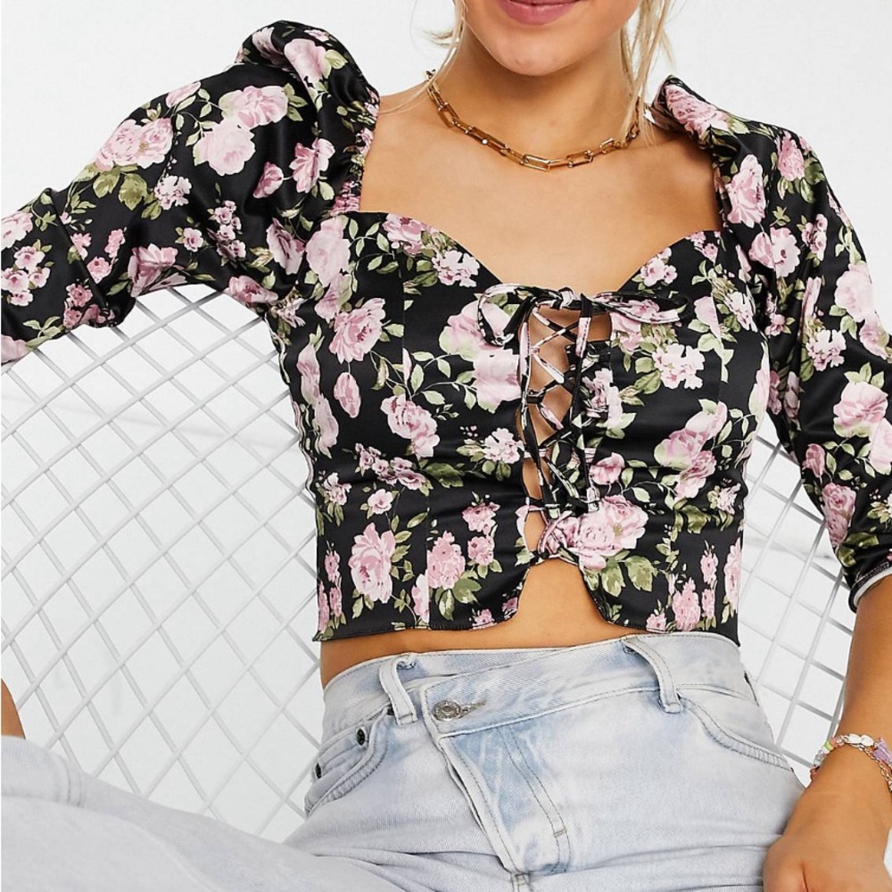 Brand New No Tags Miss Selfridge black satin tie front corset floral top sz 12